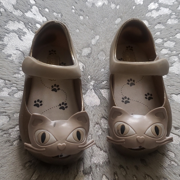 Mini Melissa Gold Glitter Kitty Cat Shoes Sz6 - Picture 2 of 8